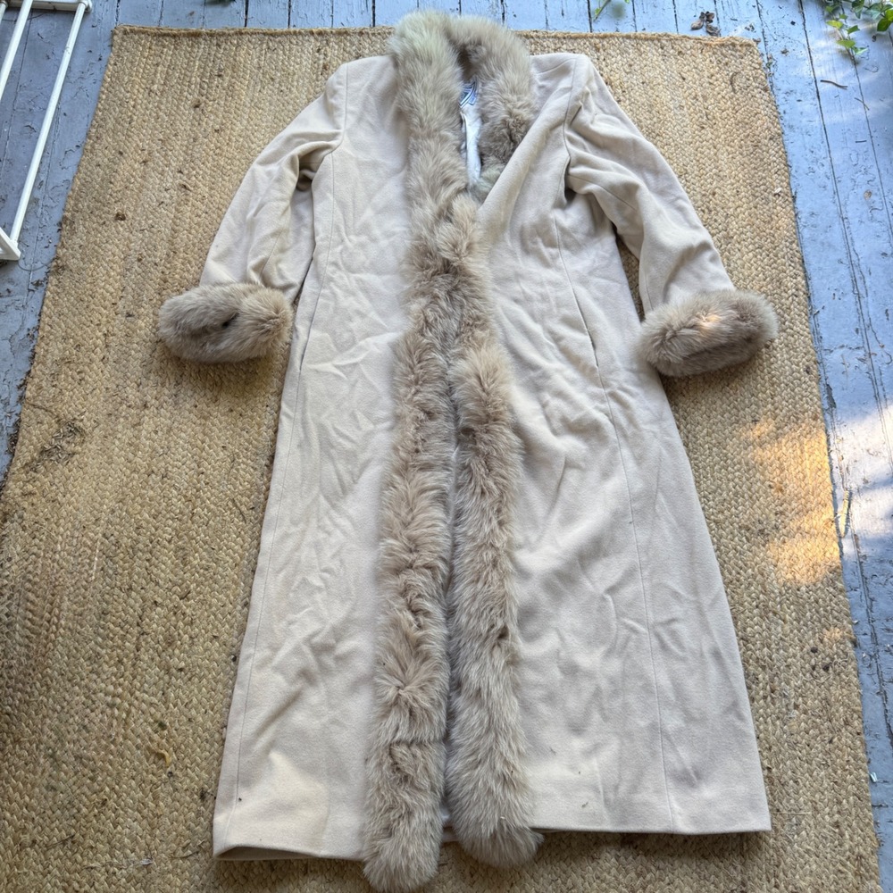 Vintage 80s Marvin Richards Wool Cashmere Long Coat Cream Fur Trim Size 14 Luxe